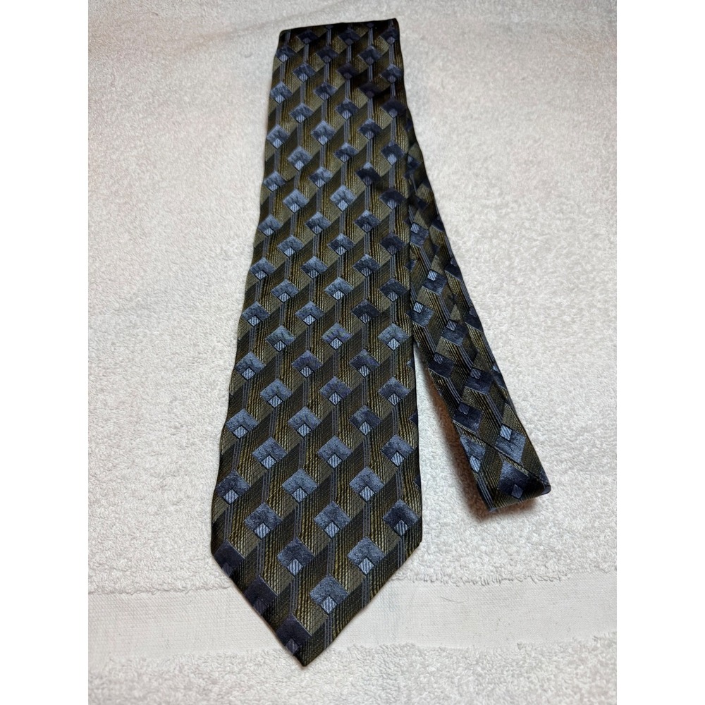 Pronto Uomo Mens Silk Tie Olive Green Blue Geometric Diamond Italy 4 Inch